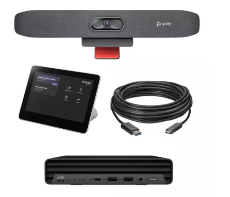 Poly Studio R30 USB video bar, GC8 touch controller, HP Mini PC and Cable 10m USB3.1 A to C