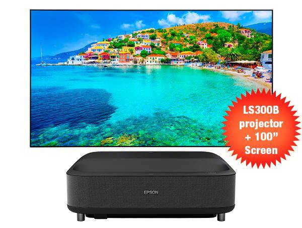 Epson EH-LS300B-100 3600 Lumens Full HD Home Theatre 3LCD Laser Projector Black with 100 inch ALT UST Screen - Wired Store